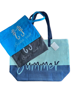 Summer Beach Tote Bag with 2 Seahorse Bikini Swim Wet Bags